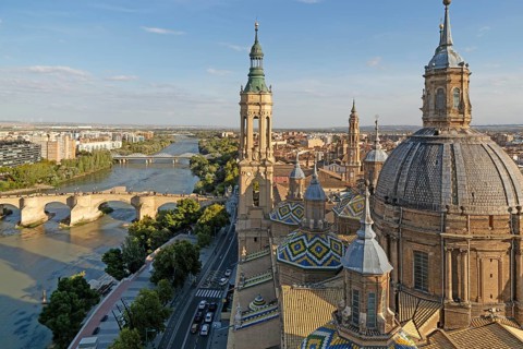 Rooftops of cathedral church Basilica of Our Lady of the Pillar, city centre of Zaragoza, Aragon,