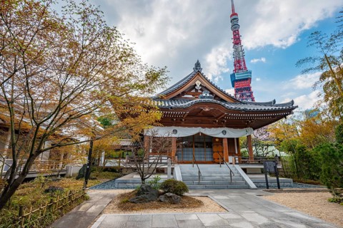 Building in Zojo-ji Temple, Tokyo Tower Tower Tower at the back, Buddhist temple complex, Tokyo,