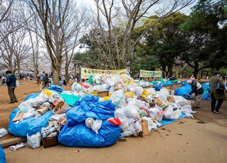 Large piles of trash at a garbage collection point, garbage bags, Yoyogi Park, Hanami Festival,