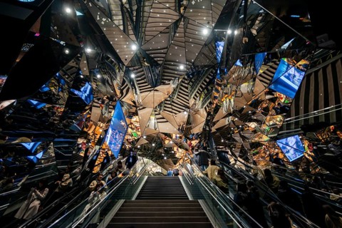 Staircase, entrance to a shopping center with many mirrors, Tokyu Plaza Omotesando Harajuku, modern