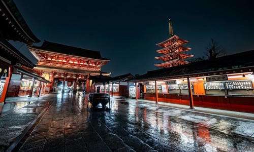 Illuminated five-story pagoda and Hozomon treasure chamber gate of Asakusa Shrine or Senso-ji
