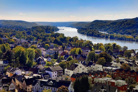 The Rhine seen from the Ulanendenkmal, Rhöndorf, Bad Honnef, Siebengebirge, North Rhine-Westphalia,