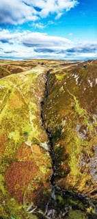 Cwm Cynfal Waterfalls on River Afon Cynfal from a drone, Llan Ffestiniog, Road B4391, Gwynedd,