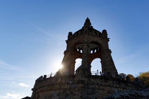Kaiser Wilhelm Memorial, national monument with dome, landmark, sunny autumn weather, back light,