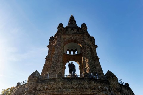 Kaiser Wilhelm Memorial, national monument with dome, landmark, sunny autumn weather, backlight,