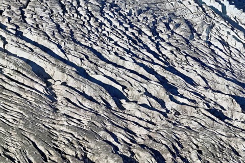 View from the Télécabine Panorama Railway of the glacial crevices of the Glacier du Géant,
