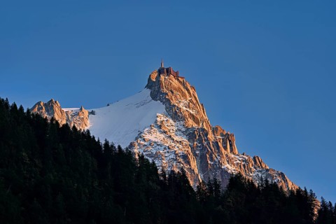 Snowy Aiguille du Midi in the evening light, Mont-Blanc, Chamonix-Mont-Blanc, Haute-Savoie, France