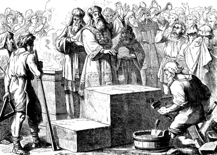 Laying the foundation stone of the temple, house of God in Jerusalem, The Book of Ezra, chapter 5,