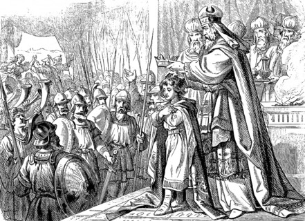 Joash (878-838 BC) is anointed and crowned king by the priest Jehoiada at the age of 7, Second Book
