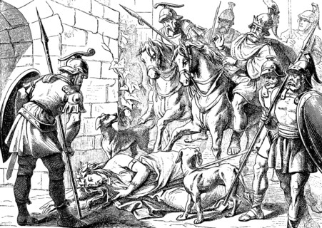 Jezebel falls down, is kicked and dies, Second Book of Kings, chapter 9, city gate, rider, soldier,