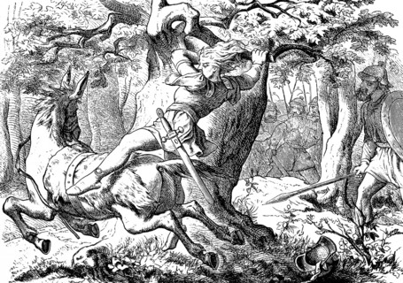 Absalom's end after losing battle, battle, sword, flight, rider, oak, hair, warrior forest,