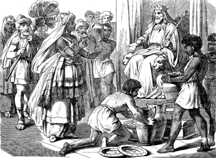 The queen from rich Arabia comes to King Solomon in Jerusalem, First Book of Kings, chapter 10,