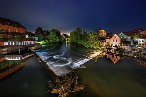 Nocturnal view of Pegnitz with dam and grinding mill, Lauf an der Pegnitz, Middle Franconia,