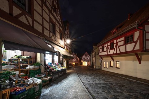 Historic half-timbered houses in the old town at night, Lauf an der Pegnitz, Middle Franconia,