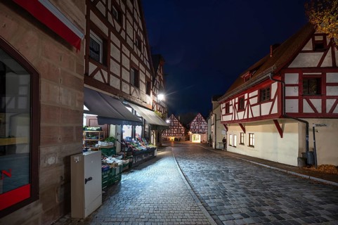 Historic half-timbered houses in the old town at night, Lauf an der Pegnitz, Middle Franconia,