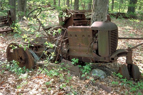 Rusted American tractor around 1900, crossed by a tree, dumped in a wooded area, Marksboro, New