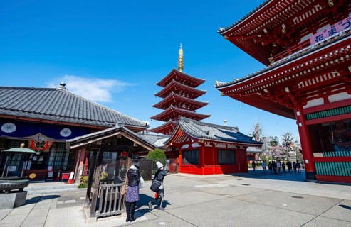 Five-story pagoda, Buddhist temple complex, Asakusa shrine or Senso-ji temple, Asakusa, Tokyo,
