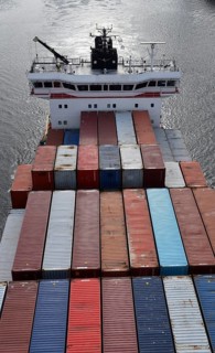 Aerial view of a container ship in the Kiel Canal, NOK, Kiel Canal, Kiel Canal, Schleswig-Holstein,