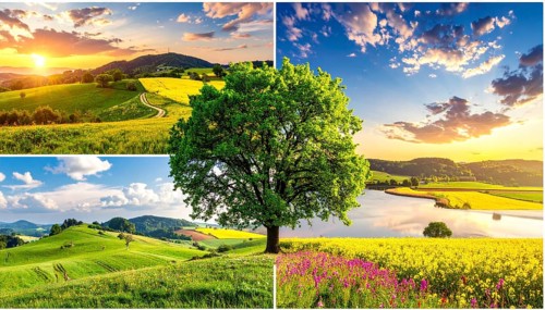 Collage of spring and summer landscapes, blooming flowers, green meadows and trees, hilly landscape