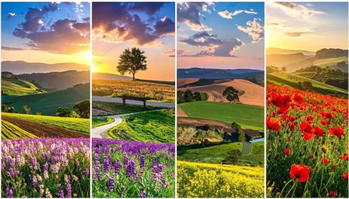 Collage of spring and summer landscapes, blooming flowers, green meadows and trees, hilly landscape