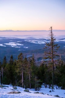 View from Mount Lusen over the hills of the bavarian forest at sunrise in winter, Bavaria, Germany