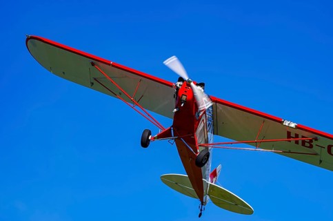 A Piper J-3C/L4 Cub light aircraft, HB-OBF registration, during a flight demonstration as part of