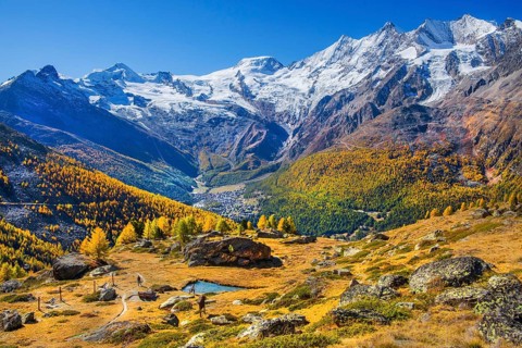 View from Kreuzboden to Saas-Fee with Alalin 4027m, Alphubel 4206m and Mischabel Group 4545m in
