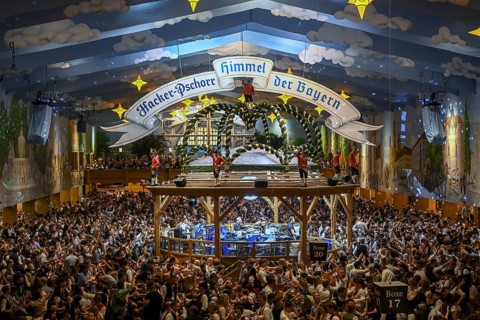 Hacker-Pschorr festival tent, Bavarian sky, interior view, Oktoberfest, Munich, Bavaria, Germany