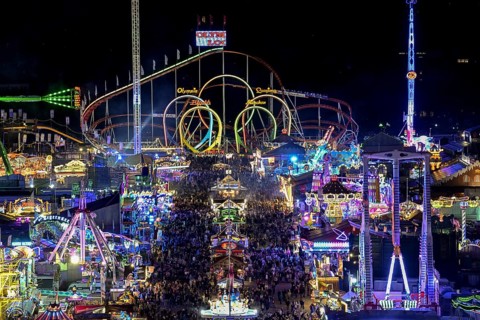 View of Oktoberfest from St. Paul's Catholic Church, Blue Hour, Munich, Bavaria, Germany