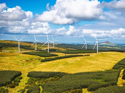 Wind Farm from a drone, Roxburghshire, Roxburgh, Southern Uplands, Scotland, UK