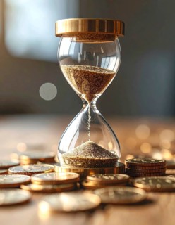 Hourglass and stacked golden coins, illustrating currency fluctuation and time impact commodities