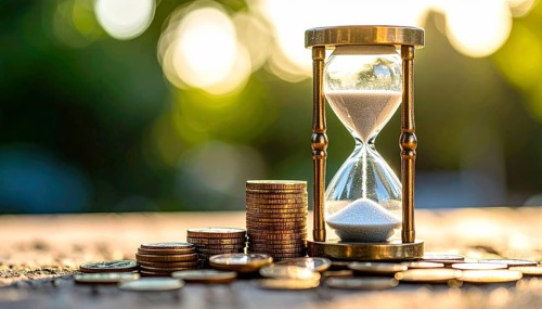 Hourglass and stacked golden coins, illustrating currency fluctuation and time impact commodities