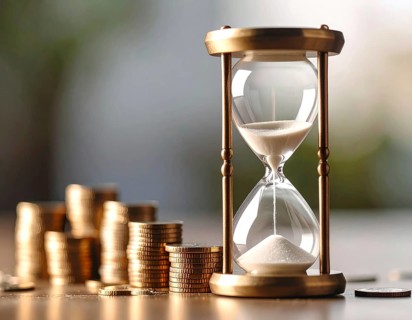 Hourglass and stacked golden coins, illustrating currency fluctuation and time impact commodities