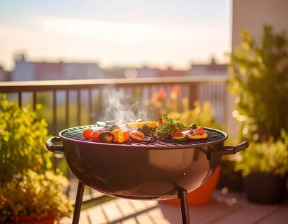 Cooking vegetables on grill on the balcony, healthy lifestyle, vegetarian barbeque, leisure time in