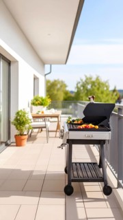 Cooking vegetables on grill on the balcony, healthy lifestyle, vegetarian barbeque, leisure time in