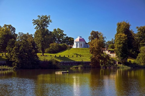Baroque terrace garden on Lake Huwenow in Meseberg Castle, guest house and conference venue of the