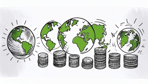 Green earth globe with silver coin stack symbolizing global finance economy and sustainable growth,