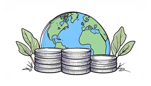 Green earth globe with silver coin stack symbolizing global finance economy and sustainable growth,