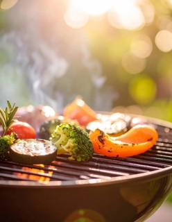 Cooking vegetables on grill outdoors, healthy lifestyle with healthy food, close up of grill with