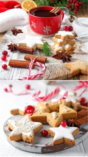 Collage of Christmas cookies and sweets, variation of sweet desserts, lots of unhealthy calories,