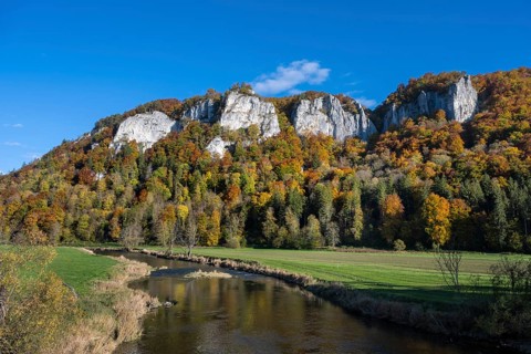 View across the Danube to the distinctive Hausener Zinnen, climbing rocks, Jurassic limestone