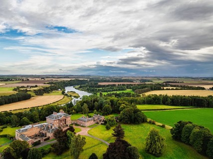 Paxton House over River Tweed from a drone, Paxton, Berwick-upon-Tweed, Berwickshire, Scotland, UK