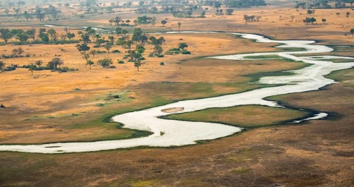 River landscape, idyllic river course, savanna, aerial view, Okavango Delta, Botswana