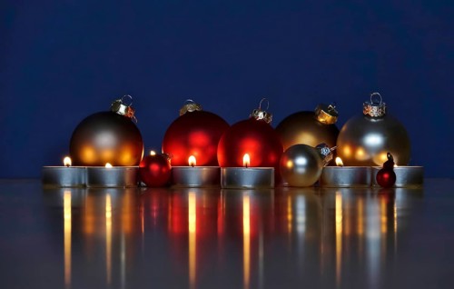 Still life with Christmas tree balls and candles, Germany