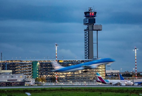 Airplane taking off from Düsseldorf Airport, Air Traffic Control Tower, North Rhine-Westphalia,