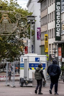 Police video surveillance at the Porsche pulpit, in front of the market church in downtown Essen,
