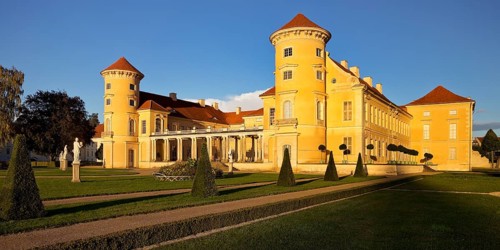 Rheinsberg Castle, front in late evening light, prime example of Friederician Rococo, Ruppiner
