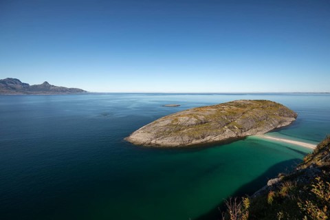 Sunny day and turquoise blue sea at Hovdsundet near Bodø, Nordland, Norway