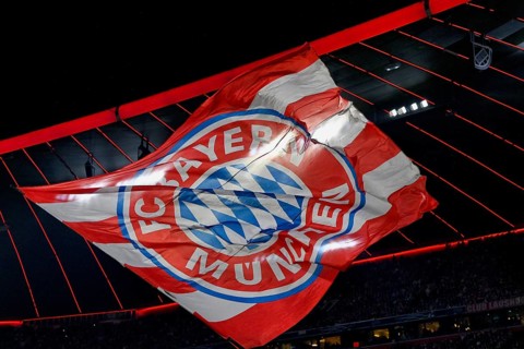 Flag, flying under stadium roof, logo FC Bayern Munich, FCB, Champions League, Allianz Arena,