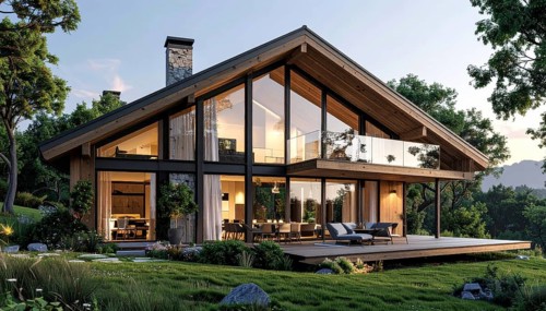 Modern Extension on a Traditional Cottage with Glass and Wood Architecture, green garden with